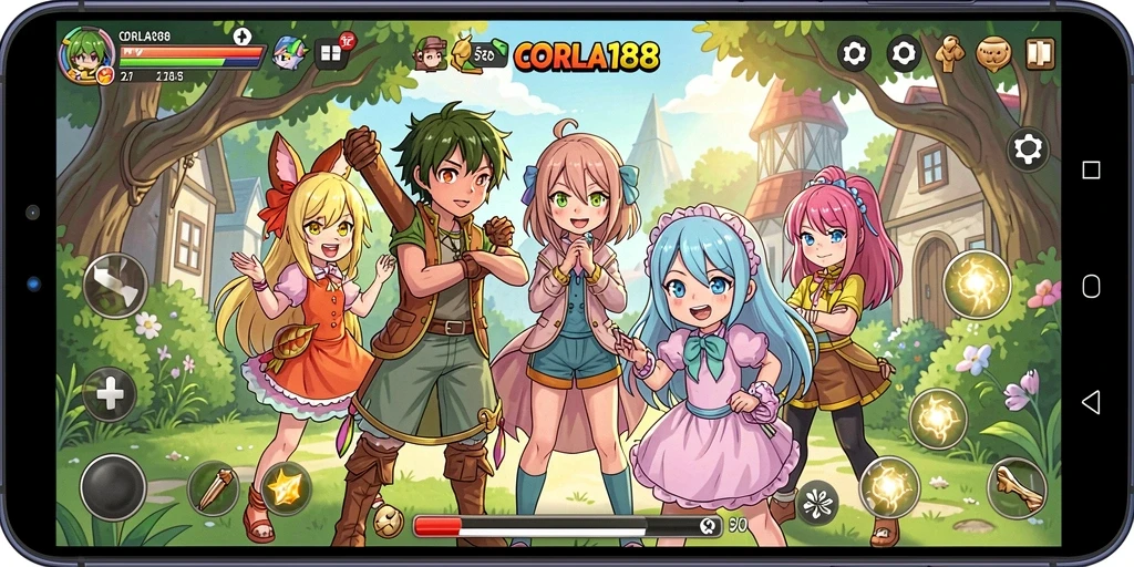 Tampilan gameplay CORLA188 yang menakjubkan dengan aksi karakter anime.