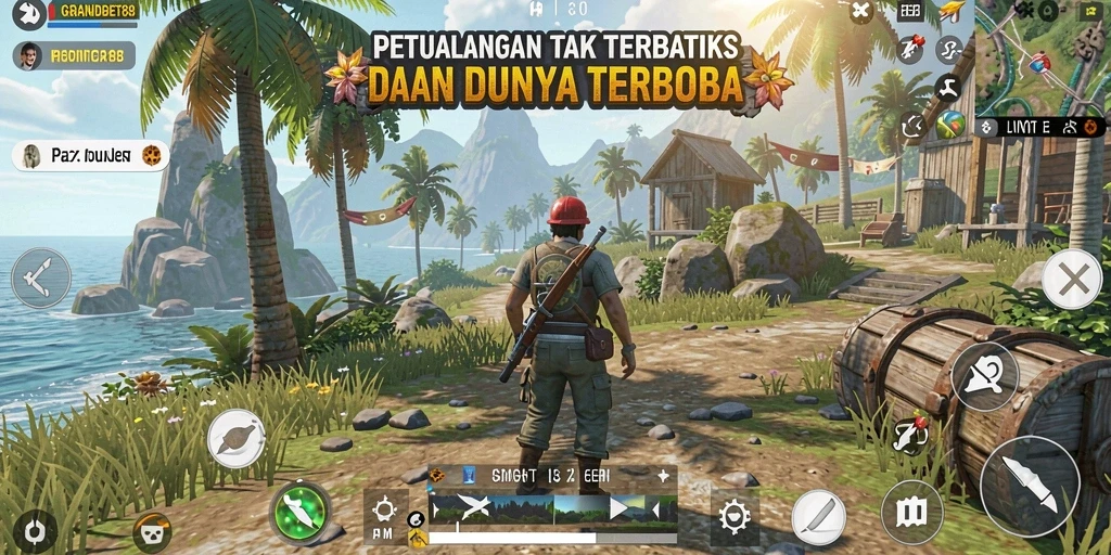 Tangkapan layar gameplay GRANDBET88 yang menunjukkan eksplorasi dunia terbuka yang luas.