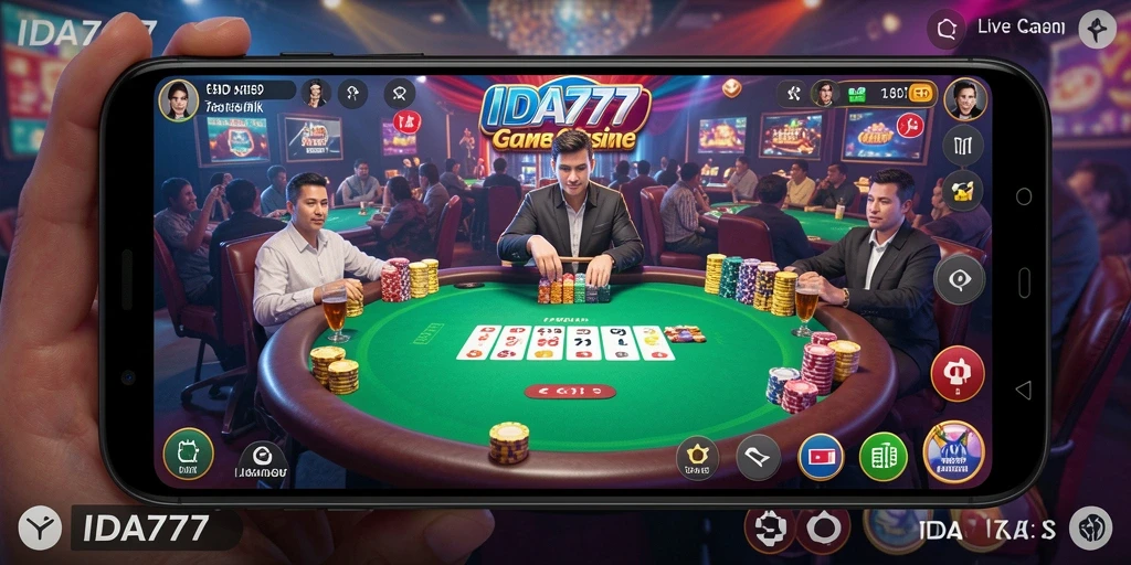 Tampilan gameplay IDA777 dengan dealer langsung dan pemain lain.