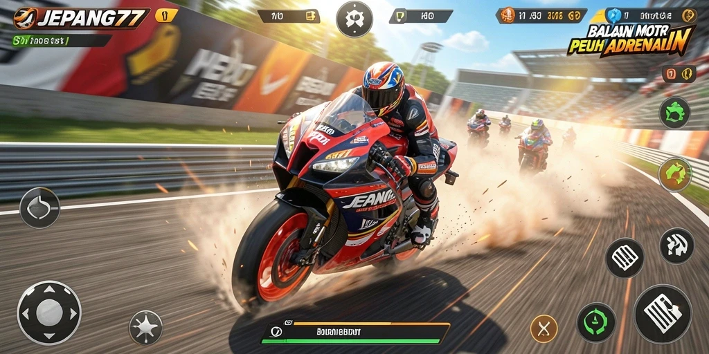 Tampilan gameplay balapan motor yang mendebarkan di JEPANG77.