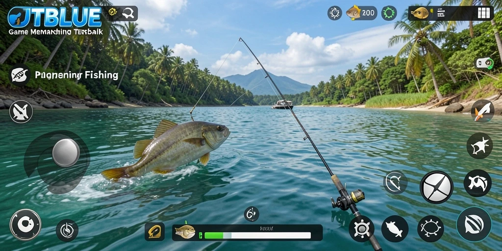 Screenshot JTBLUE menampilkan aksi memancing yang penuh warna dan realistis.