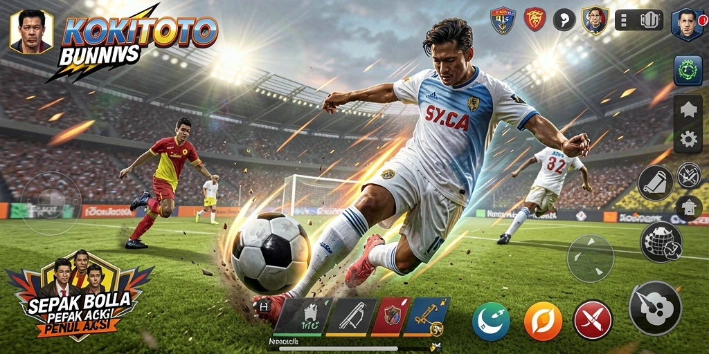 Screenshot utama KOKITOTO menampilkan aksi dinamis di lapangan sepak bola.