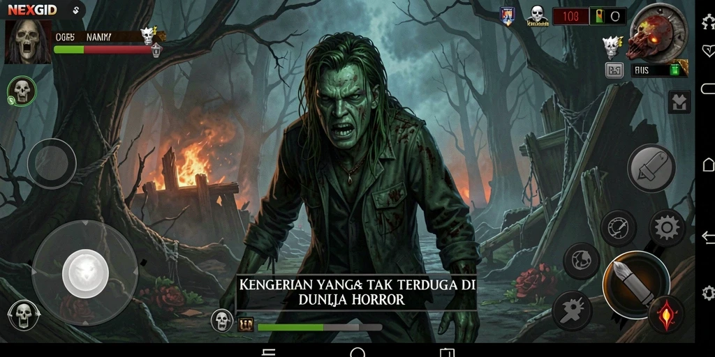 Screenshot gameplay NEXGID menampilkan suasana horor yang mencekam.