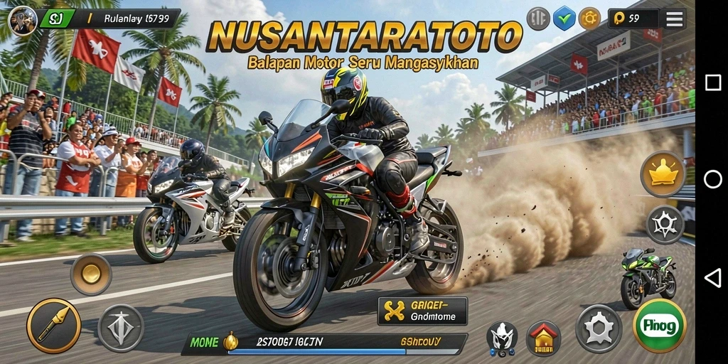 Screenshot NUSANTARATOTO menampilkan aksi balapan motor yang menegangkan.
