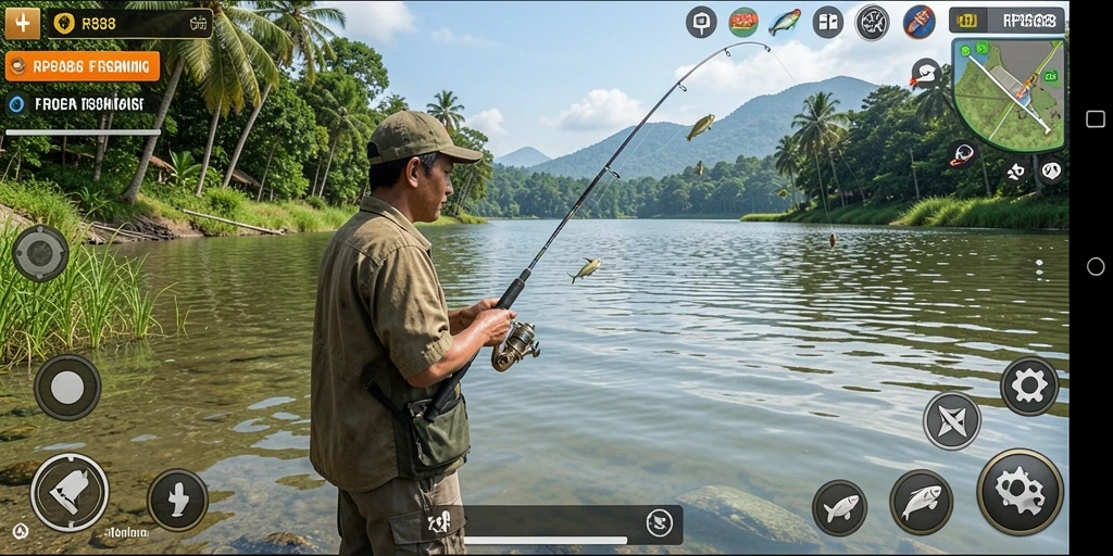 Tampilan gameplay menarik dari RP888 dengan berbagai ikan yang dapat ditangkap.