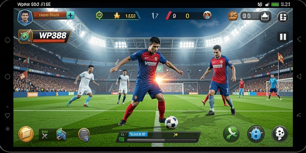 Tampilan dinamis gameplay sepak bola yang seru dan mengasyikkan.